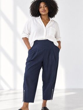 Crea Concept XXL Navy Linen Blend Lagenlook Crop Pants Ankle Zip